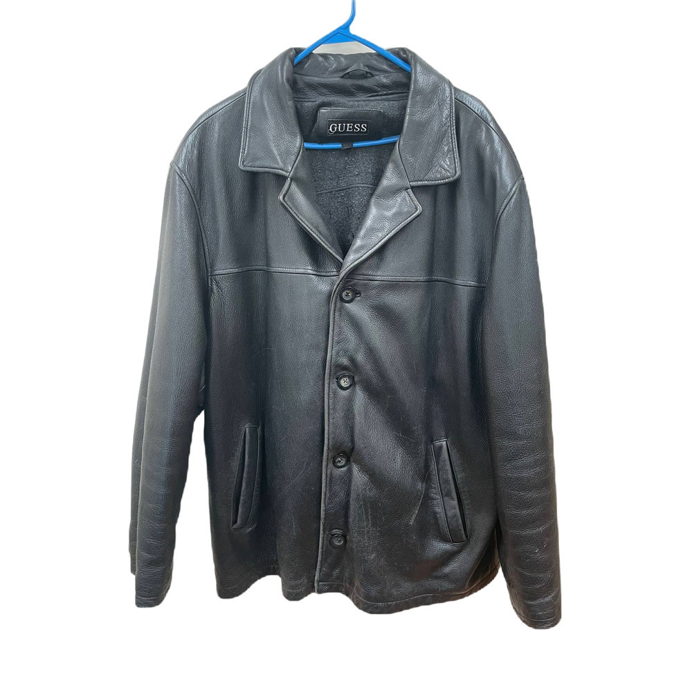 Mens Guess Genuine Leather Jacket Folded Collar Button Up XL